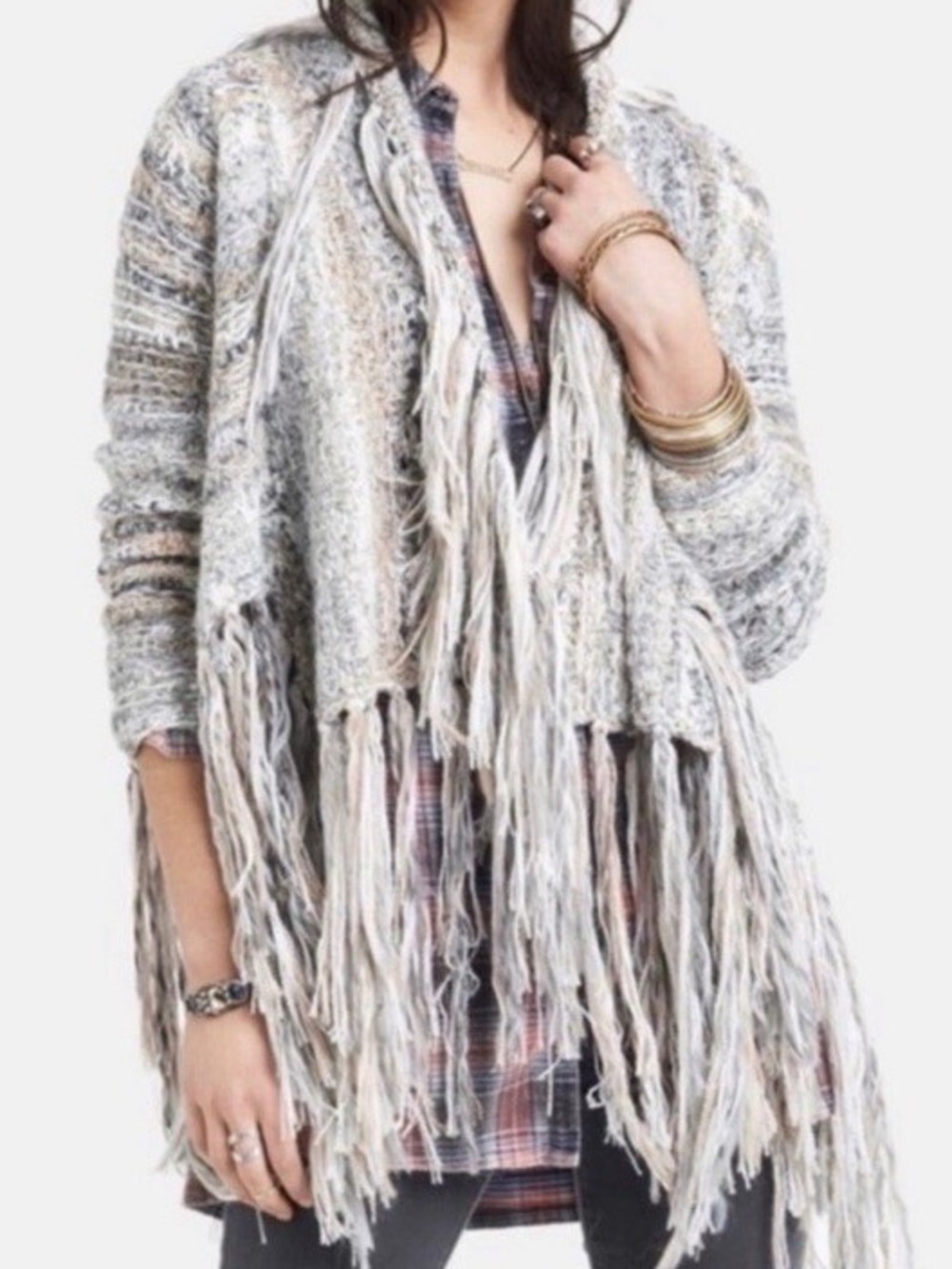 Free People Seafoam Knitted Crochet Fringe Cardigan Sweater